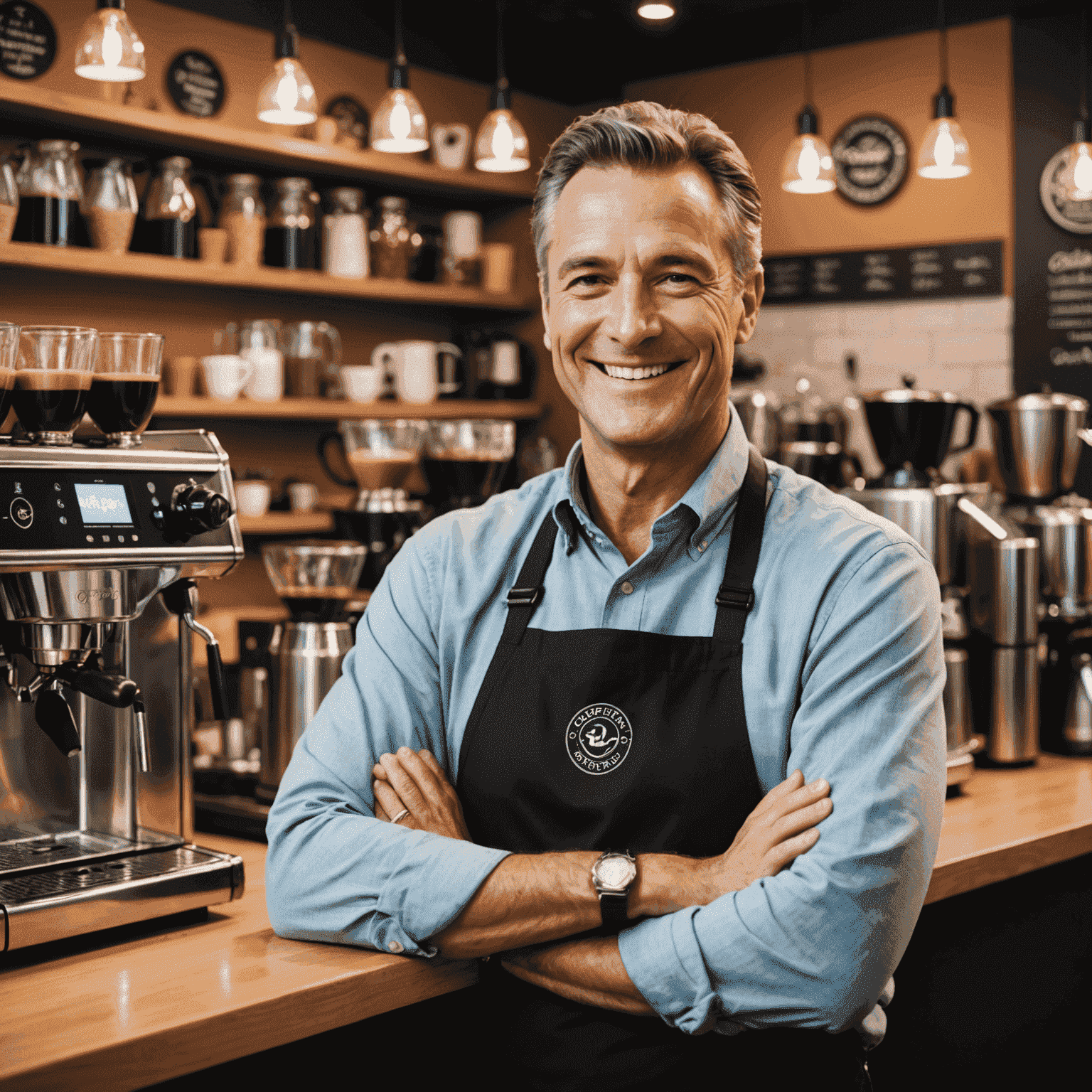 Jean Dupont, fondateur de Coffee Empire, souriant dans l'un de nos cafés franchisés, entouré de machines à espresso modernes et de clients satisfaits