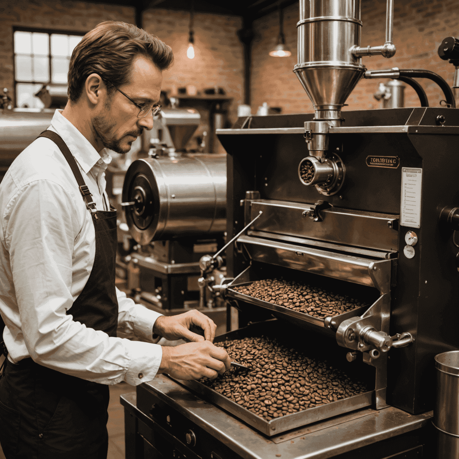 Un torréfacteur professionnel en train de surveiller attentivement le processus de torréfaction du café, avec des grains de café à différents stades de torréfaction visibles