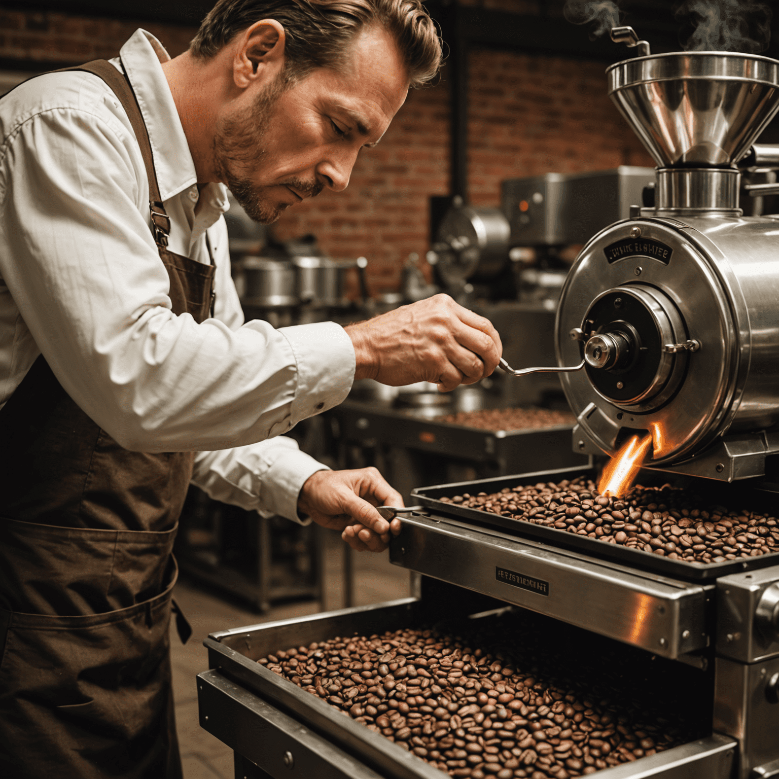 Un torréfacteur professionnel surveillant attentivement le processus de torréfaction du café, avec des grains de café à différents stades de torréfaction visibles