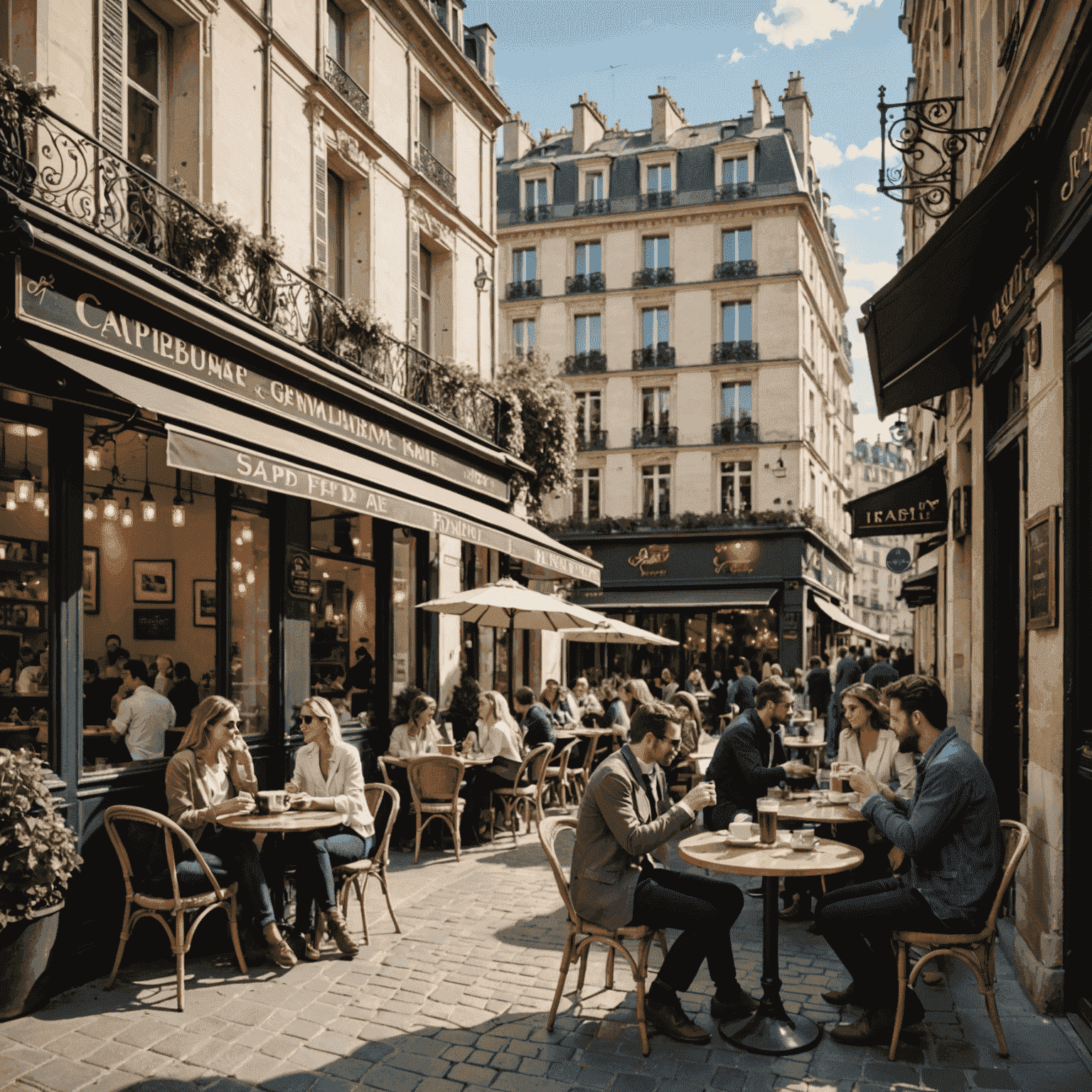 Une terrasse de café parisien typique avec des gens sirotant du café et profitant de l'atmosphère