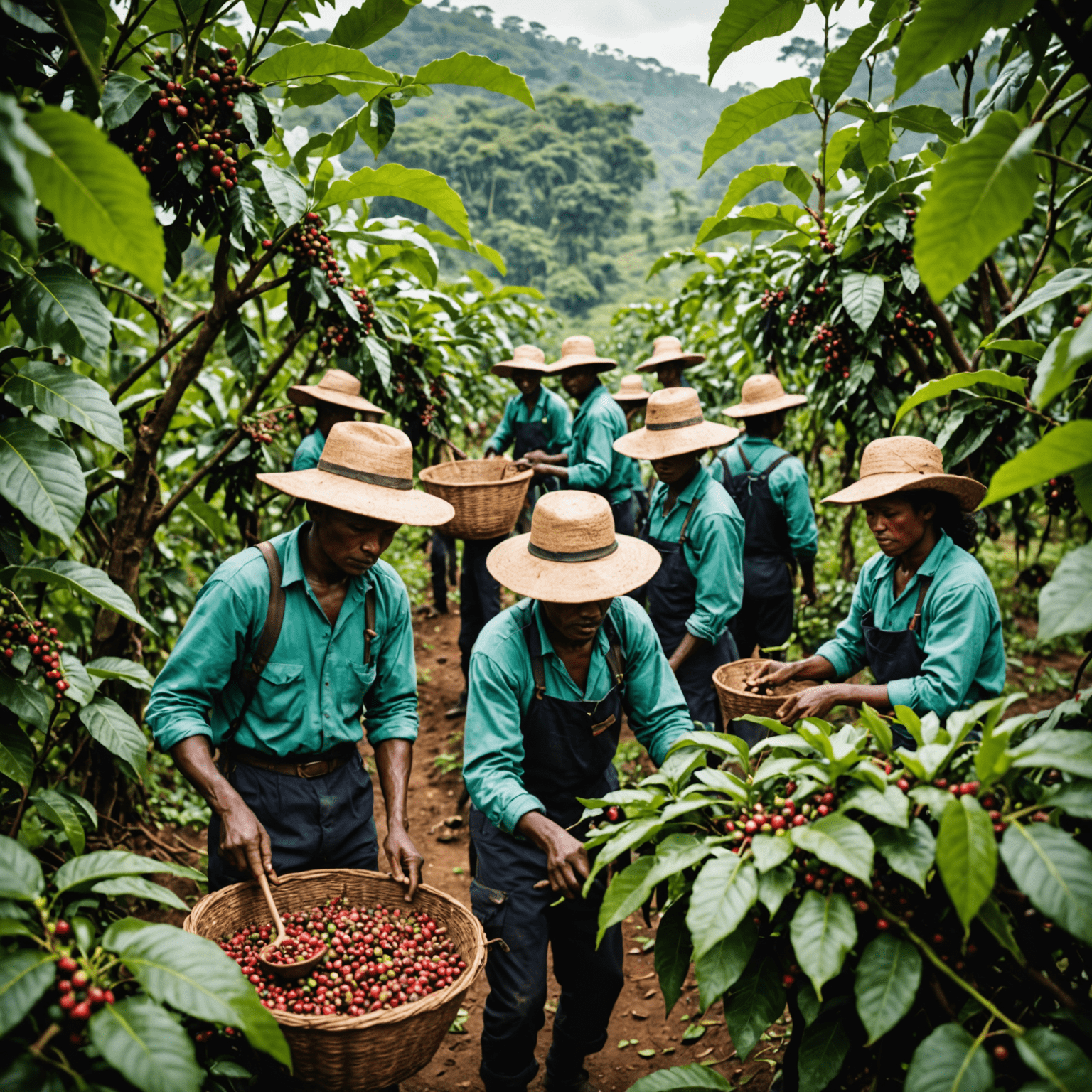 Image d'une plantation de café durable avec des travailleurs récoltant des cerises de café de manière éthique