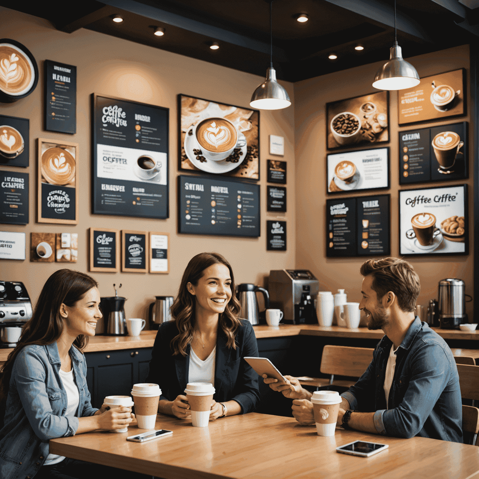 Une image montrant une variété de stratégies marketing pour une franchise de café, incluant des affiches publicitaires, des médias sociaux sur des appareils mobiles, et des clients satisfaits dans un café moderne