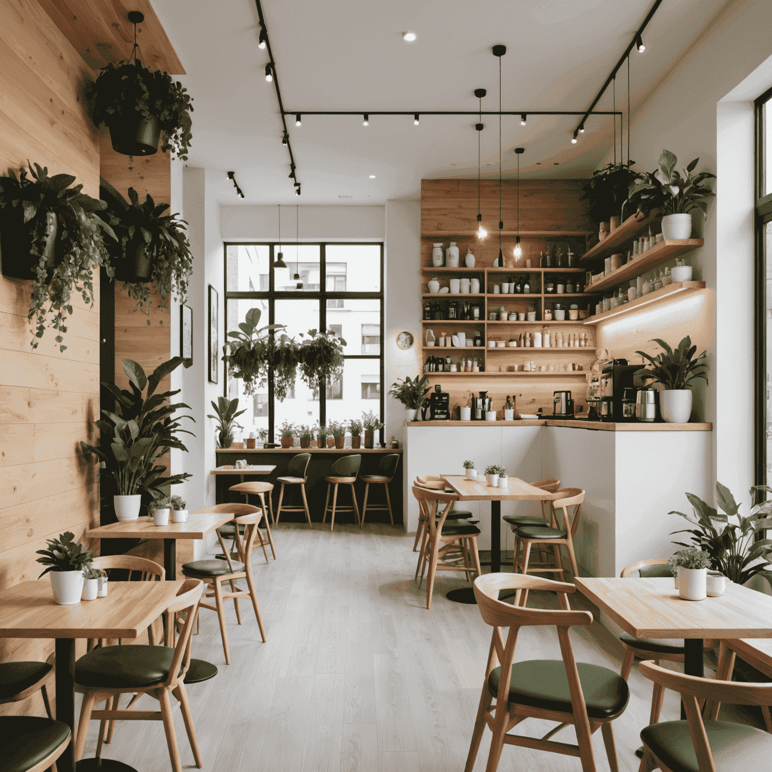 Un café moderne avec un design minimaliste, des murs blancs, des accents en bois et des plantes vertes