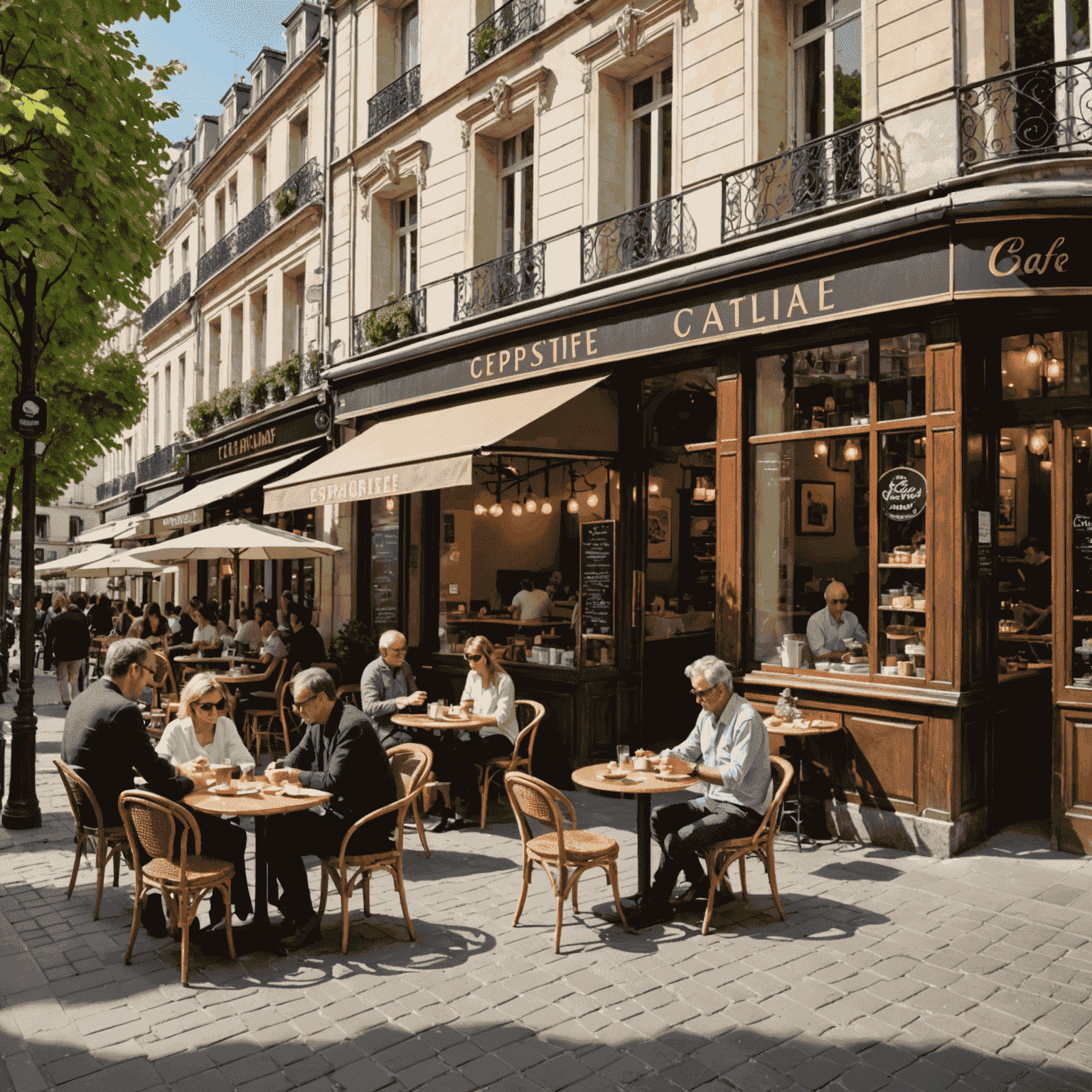 Un café parisien typique avec des tables en terrasse, des clients dégustant des expressos et des croissants.