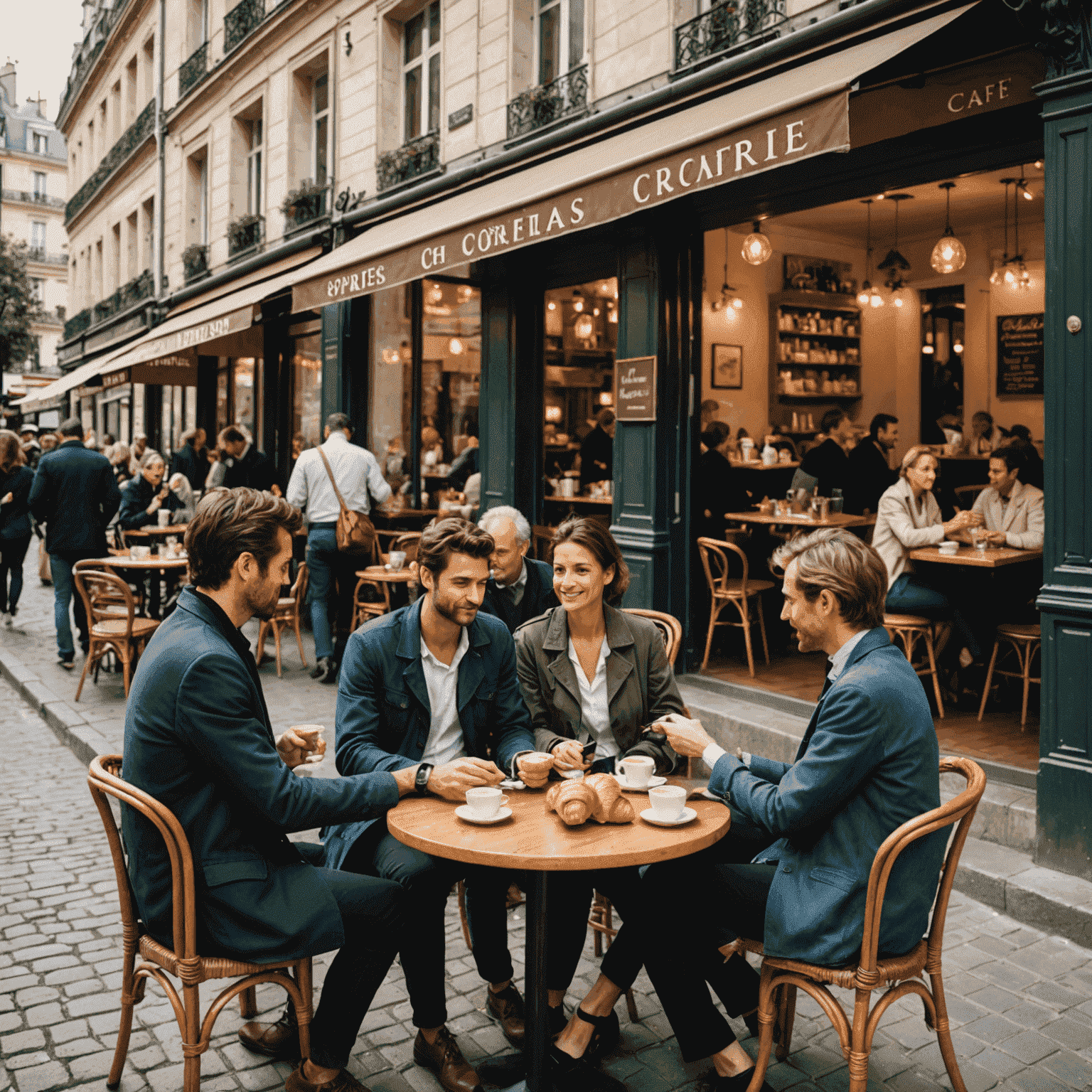 Une terrasse de café parisien typique avec des clients dégustant des expressos et des croissants, illustrant la culture du café en France