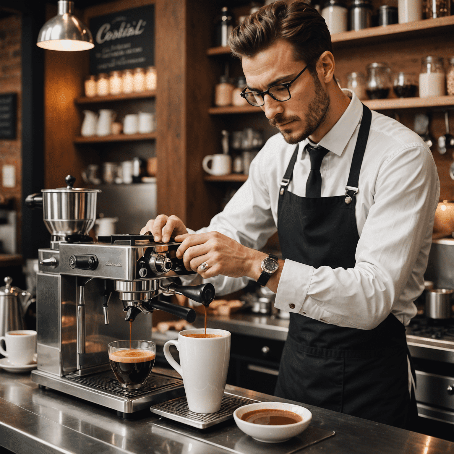 Un barista français préparant méticuleusement un café dans une tasse élégante