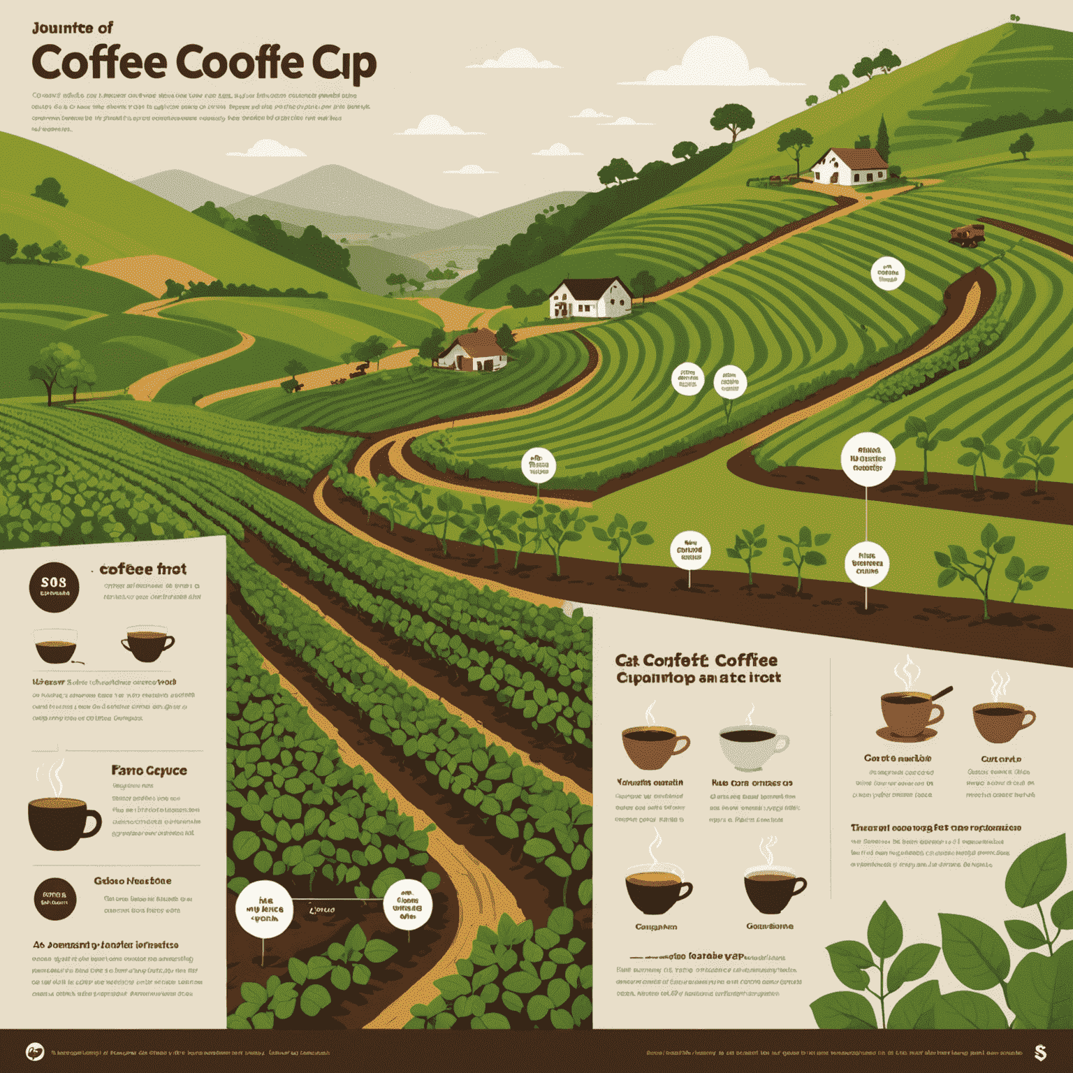 Infographie montrant le parcours du café de la ferme à la tasse, mettant en évidence les pratiques durables à chaque étape