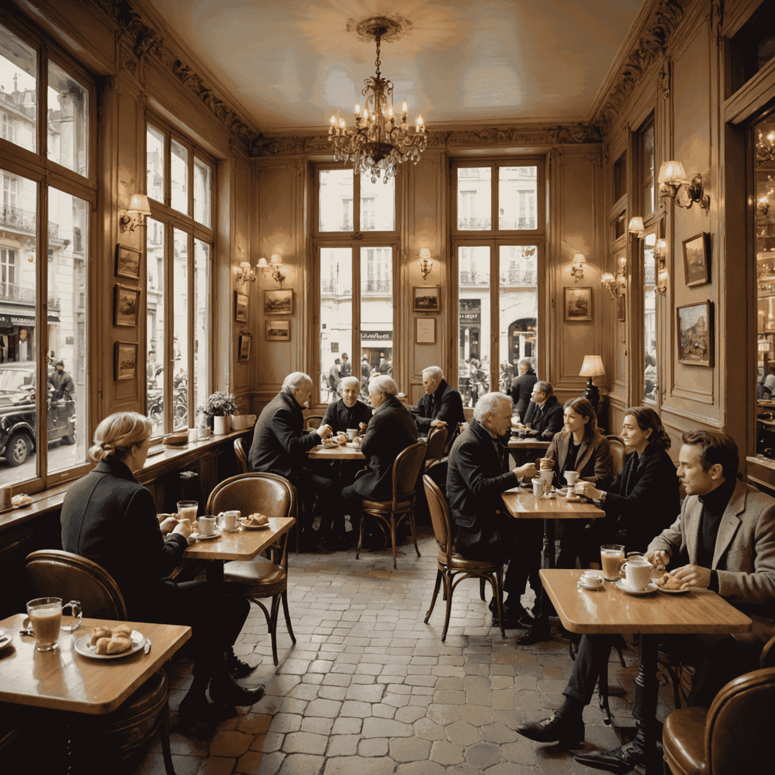 Une image montrant l'intérieur d'un café français élégant avec des clients dégustant du café et des pâtisseries, illustrant l'importance de l'ambiance locale