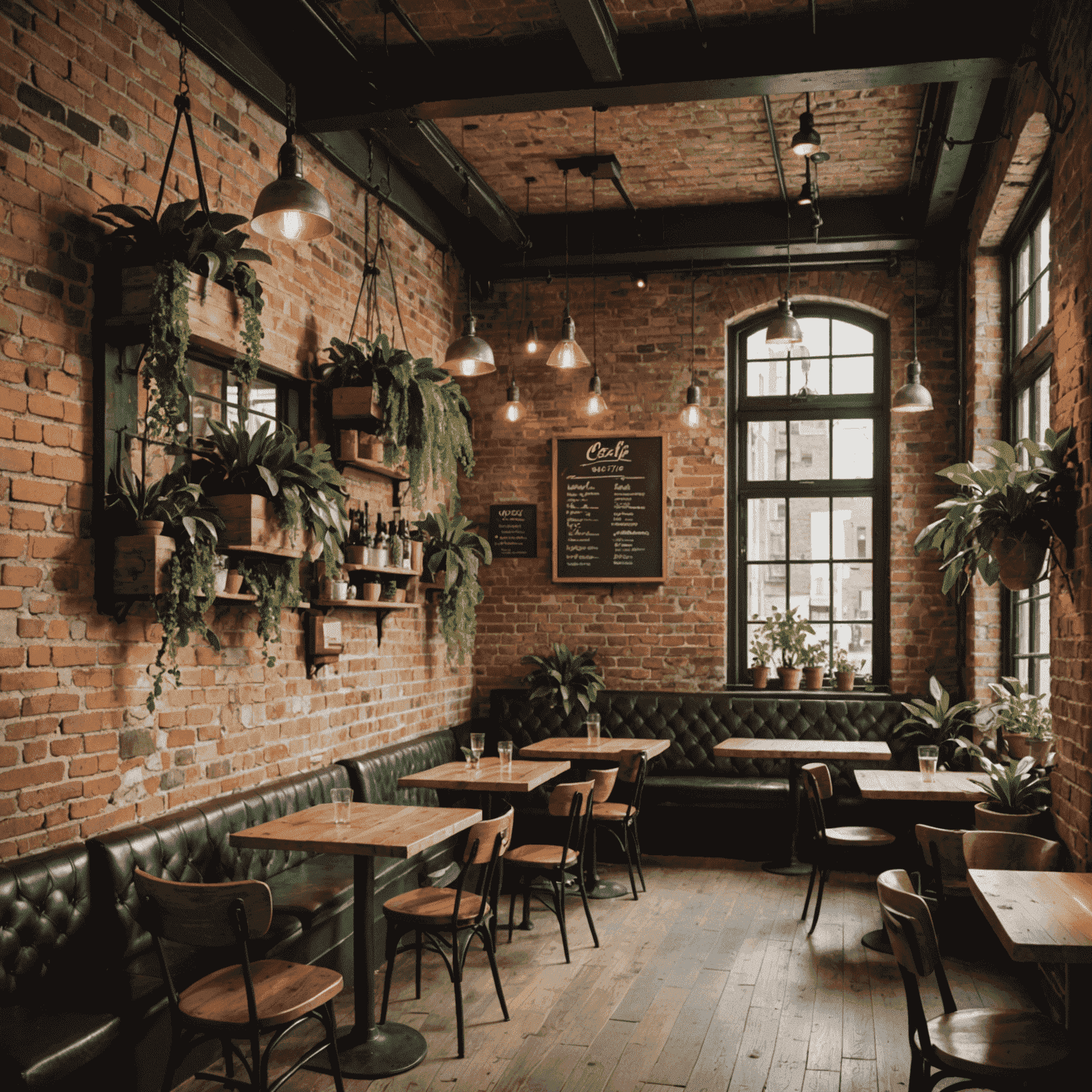 Intérieur de café avec des murs en brique exposée, des plantes suspendues et des tables en bois brut