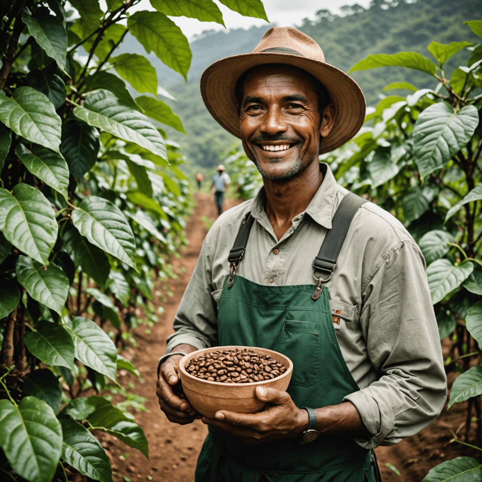 Un agriculteur de café souriant dans une plantation durable, tenant des grains de café fraîchement cueillis.