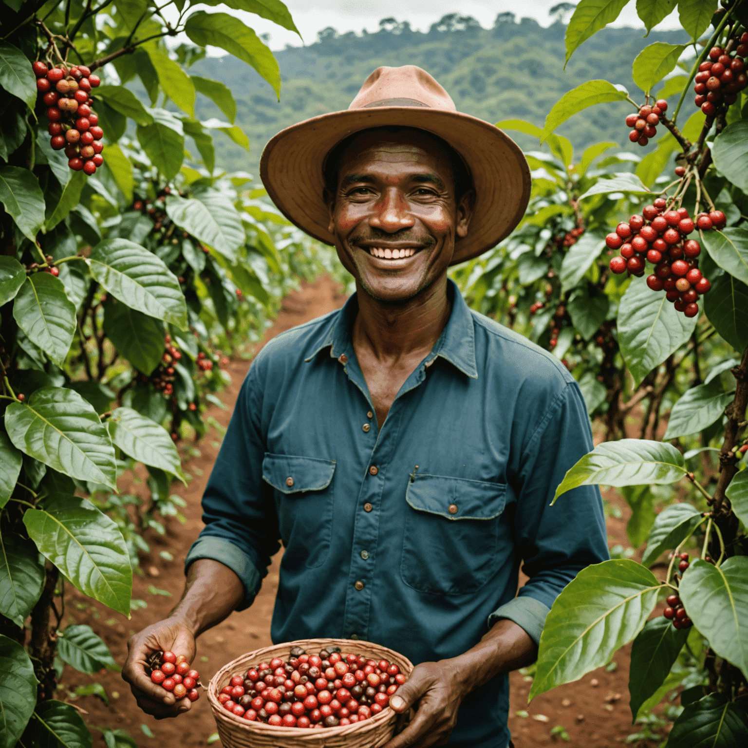 Un agriculteur de café souriant dans une plantation durable, montrant des cerises de café fraîchement cueillies