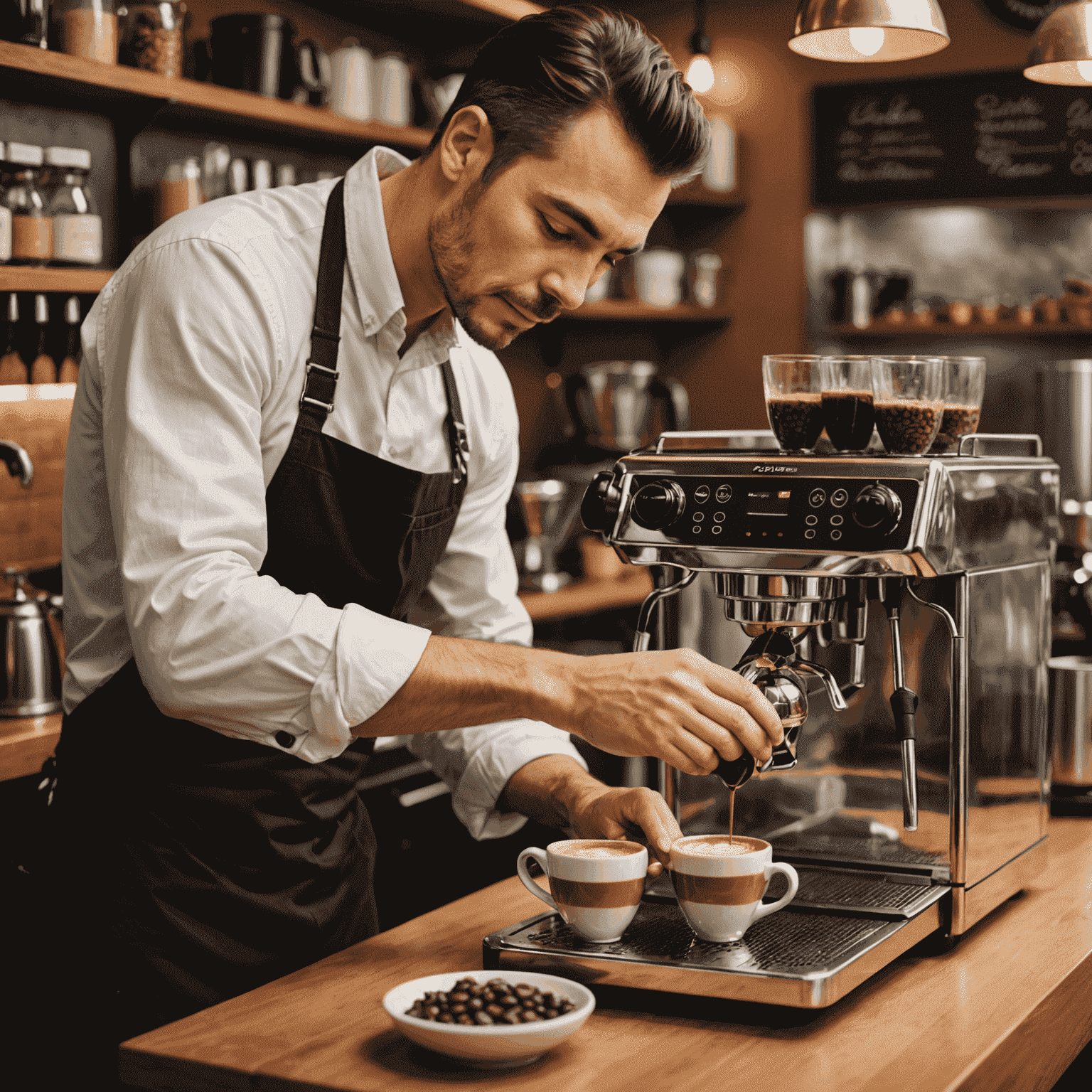 Un barista professionnel préparant un espresso avec des grains fraîchement torréfiés, dans l'ambiance chaleureuse d'un café de franchise