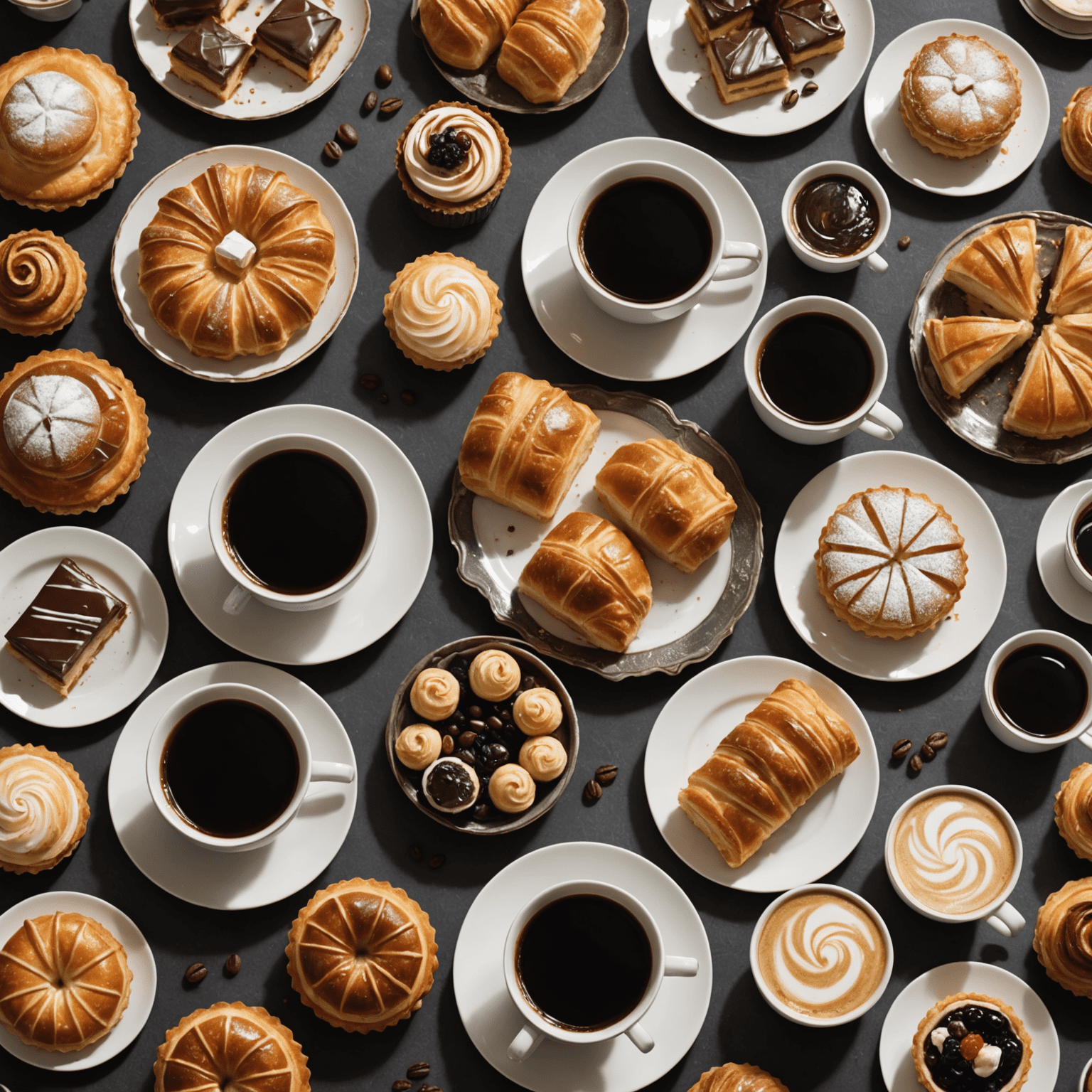 Un assortiment de pâtisseries françaises traditionnelles accompagnant différents types de café