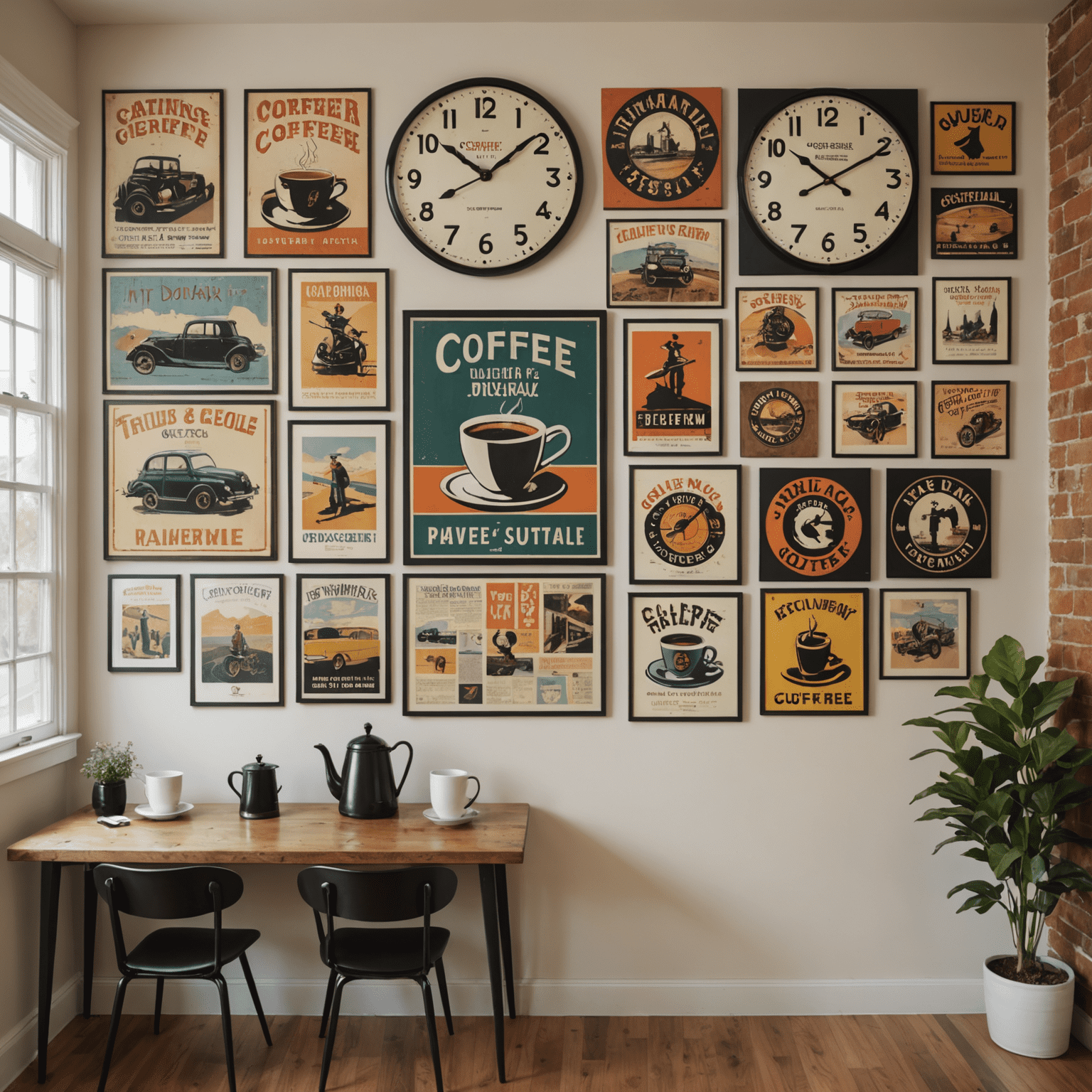 Mur de café décoré avec des œuvres d'art locales, des affiches vintage de café et une grande horloge murale